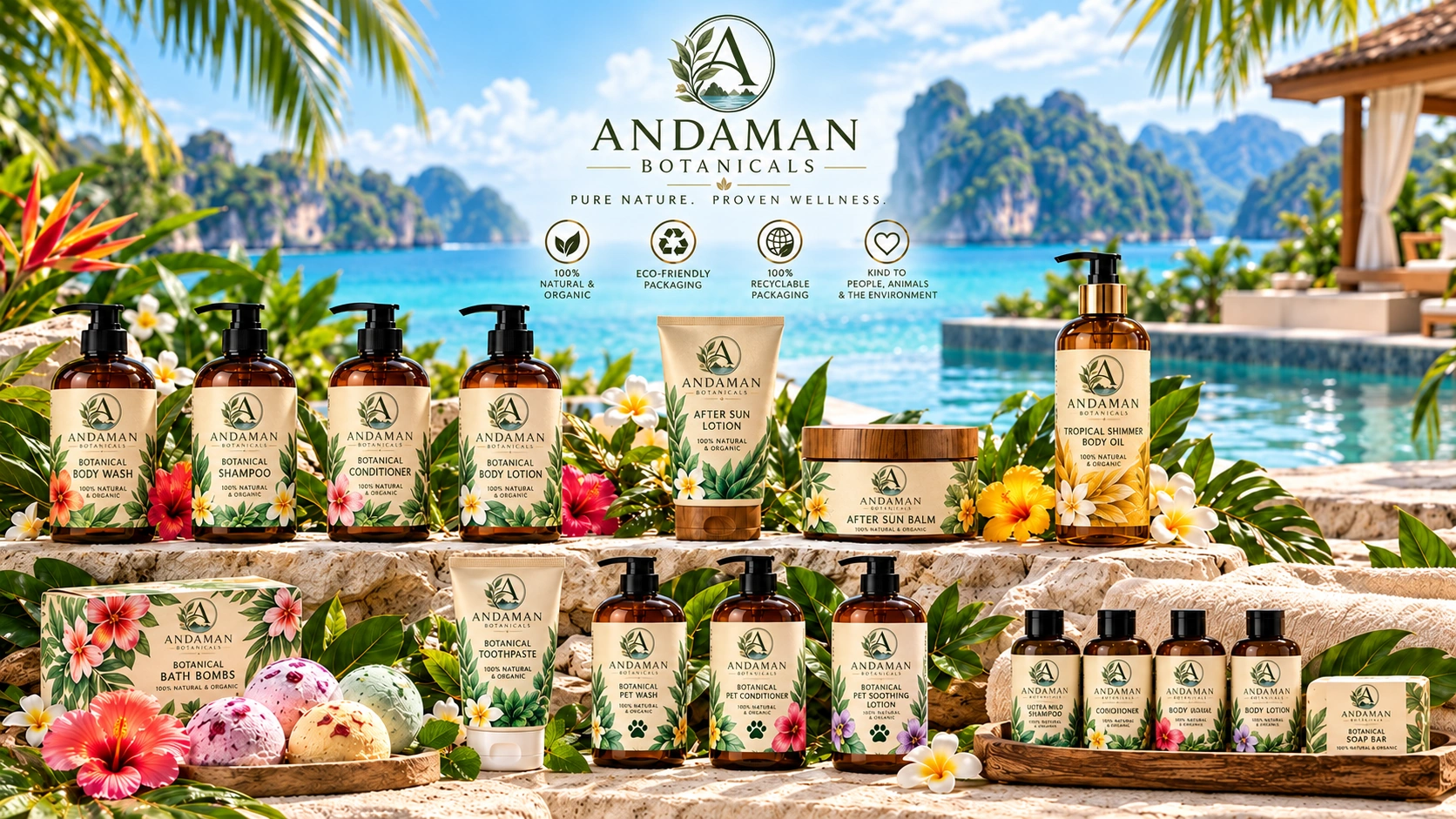 Full Andaman Botanicals collection with uniquely coloured floral labels, amber bottles, bath and after-sun products, larger hospitality amenities and a separate pet-care line, overlooking a turquoise tropical pool and Andaman islands