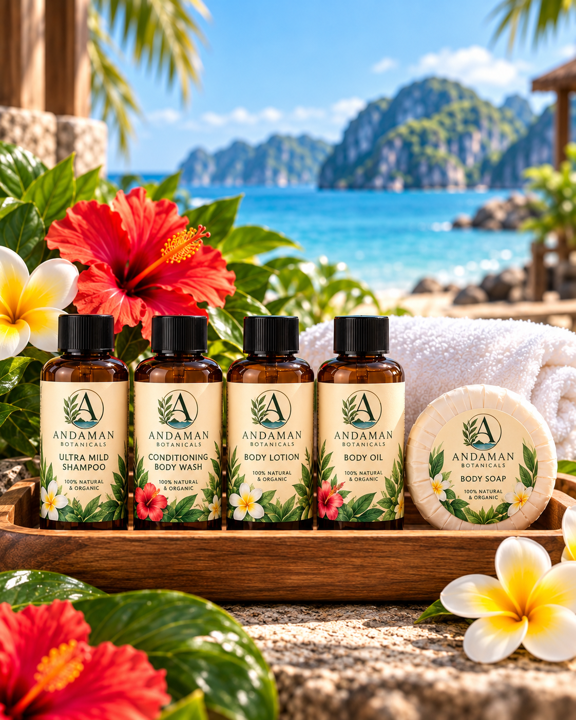Andaman Botanicals miniature guest shampoo, body wash, lotion and soap set on a natural wooden tray beside a tropical beach
