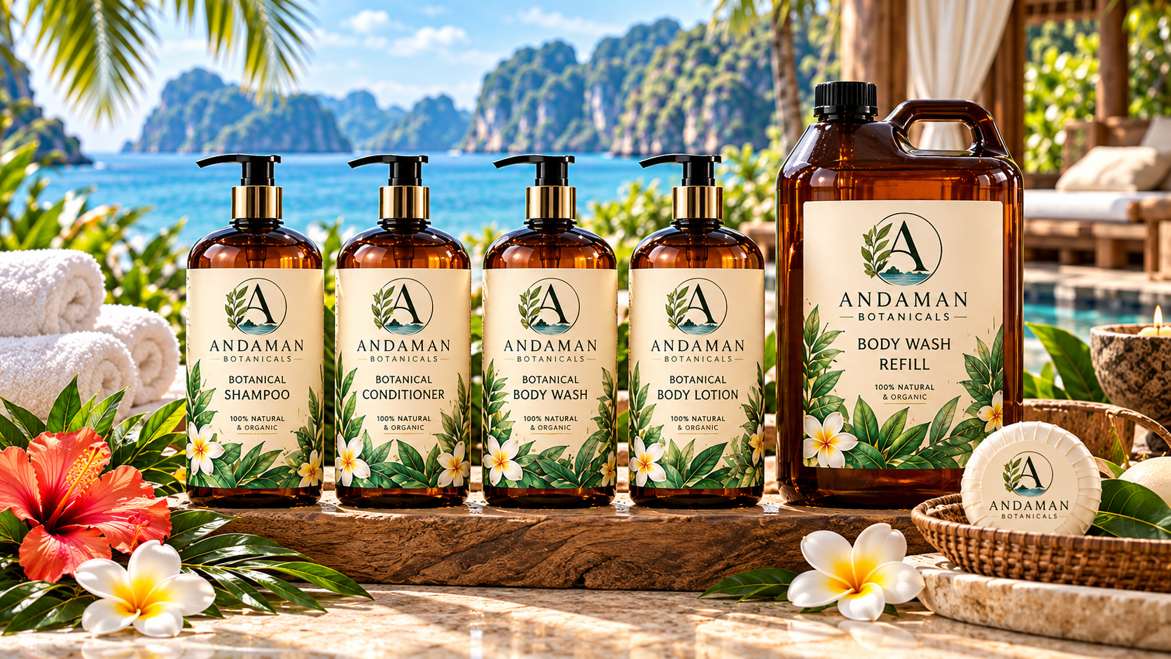 Andaman Botanicals full-size and hospitality-sized amenities displayed poolside overlooking a tropical island resort