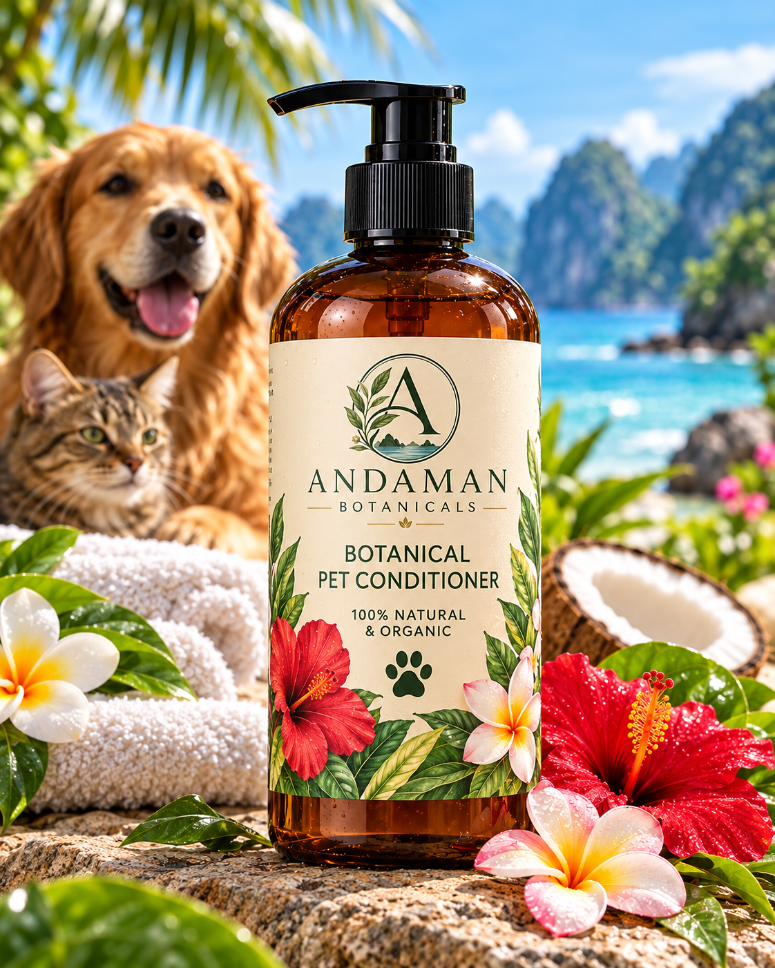 Andaman Botanicals Botanical Pet Conditioner in its own tropical product photograph