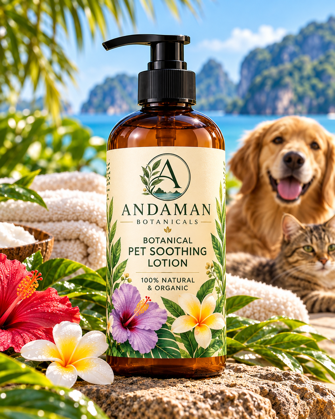 Andaman Botanicals Botanical Pet Soothing Lotion in its own tropical product photograph