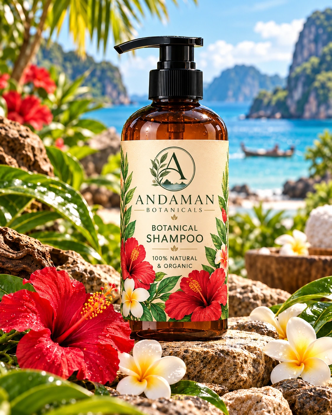 Andaman Botanicals Botanical Shampoo in its own tropical product photograph