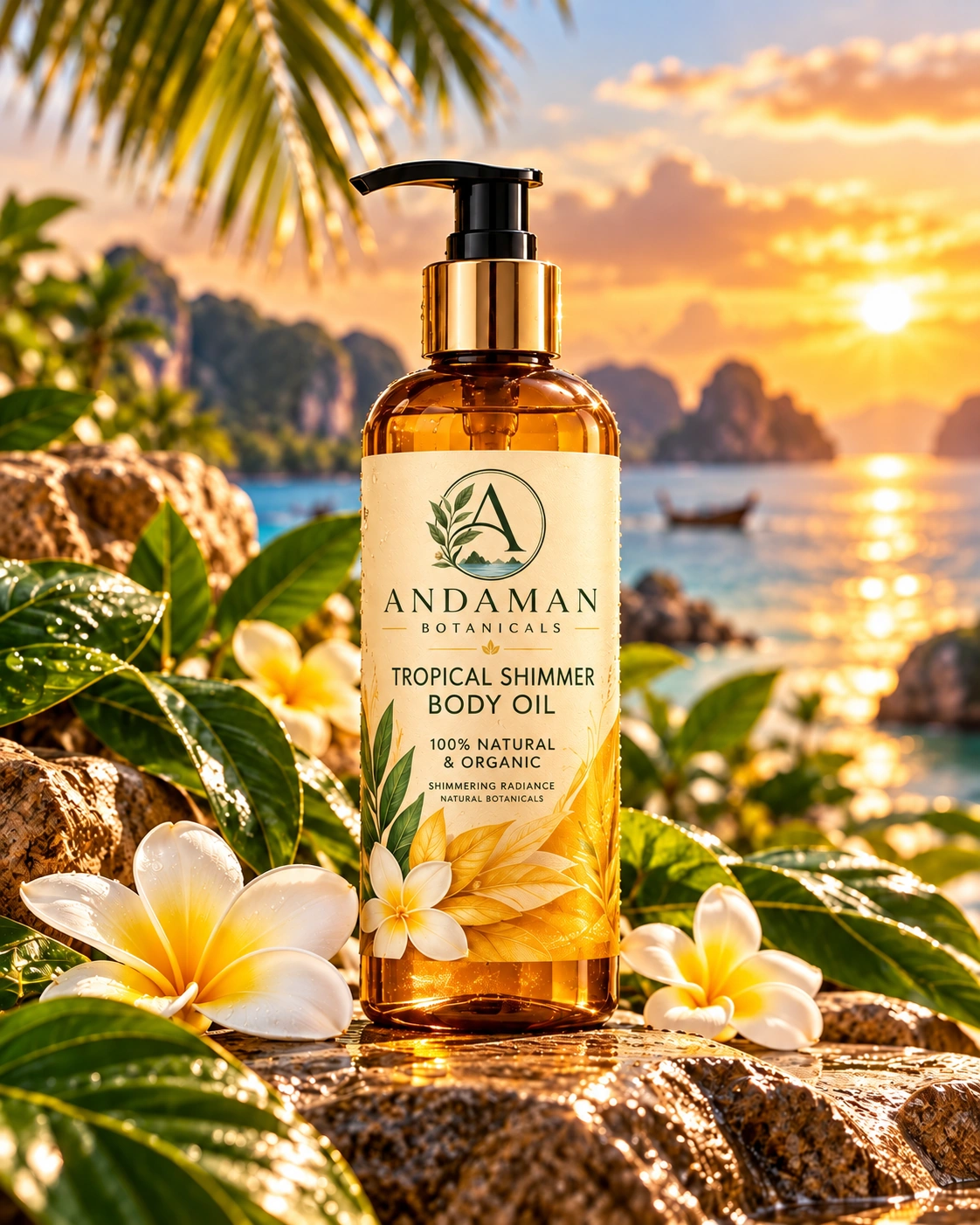 Andaman Botanicals Tropical Shimmer Body Oil in its own tropical product photograph