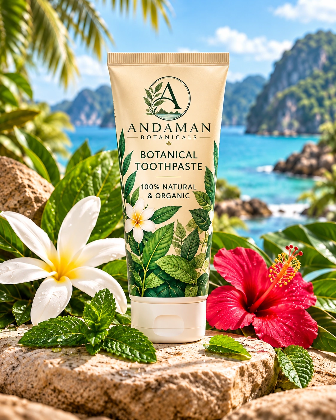 Andaman Botanicals Botanical Toothpaste in its own tropical product photograph
